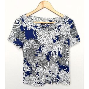 Rafaella Womens Blue White Short Sleeve Boatneck Floral Top Blouse Petite Medium